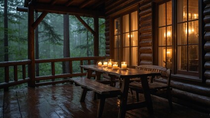 Fototapeta premium A serene scene of a beautiful forest with an atmospheric, rustic log cabin. It is raining lightly, and we look out over the forest from the veranda