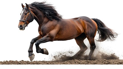 A majestic horse pulling a plow in a lush, green field, symbolizing hard work and tradition under a bright blue sky.