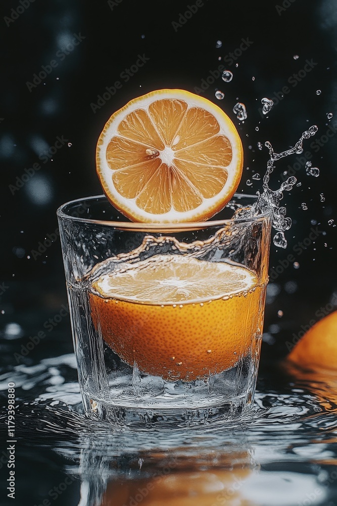 Poster refreshing lemon slice splashing into a glass of water, creating a vibrant and dynamic image perfect