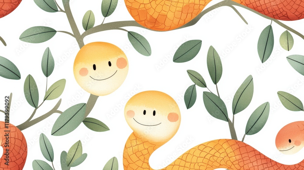 Poster playful and colorful abstract pattern featuring smiling characters and whimsical nature elements