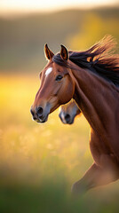 Obraz premium Majestic horse running in golden field at sunset