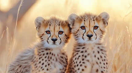 Obraz premium Adorable Cheetah Cubs Sitting in Tall Grass at Sunset with Soft Light and Warm Background