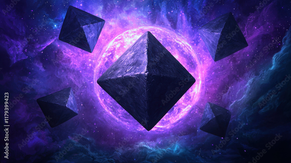 Poster cosmic geometric scene featuring massive floating pyramids in a colorful galaxy