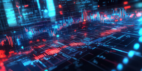 Fototapeta premium An advanced financial technology image featuring a dynamic digital interface with glowing blue and red data visualizations.