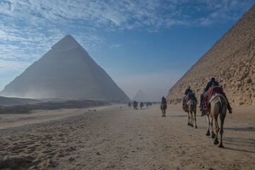 A group of people riding camels on a dirt road in front of the pyramids of Giza