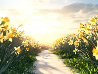 Sunlit pathway through a dense field of golden daffodils, a bright and clear day with soft cloud formations in the background, peaceful and warm