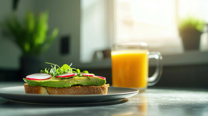 Modern Kitchen Breakfast Scene with Avocado Toast and Fresh Juice