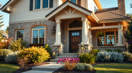 Fototapeta premium Two-Story House with Stone Facade and Landscaped Front Yard