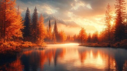 Fototapeta premium Tranquil autumn landscape with mountains, trees, and a reflective river at sunset.