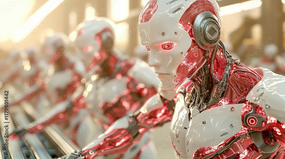 Poster futuristic robots in a high-tech manufacturing environment with advanced cybernetic features