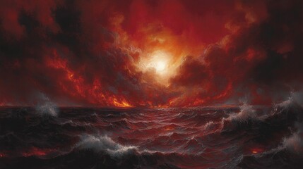 Fototapeta premium Dramatic Seascape with Fiery Sunset Over a Turbulent Ocean