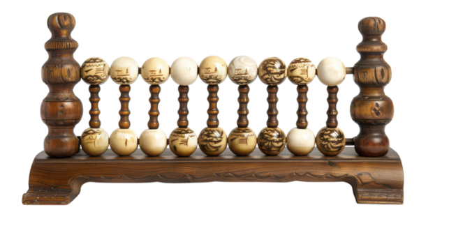 A vintage wooden counting frame with intricately carved details showcasing elegant design and polished beads on transparent background