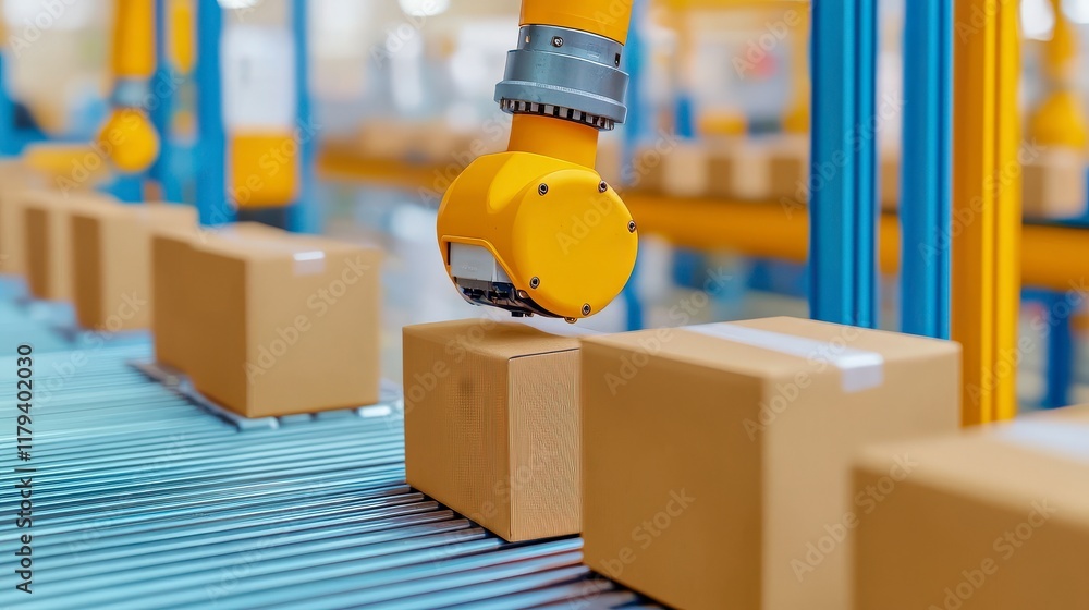 Poster advanced robotics in warehouse operations handling packages with automation technology