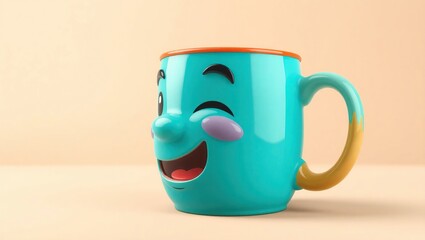 A cheerful turquoise mug with a happy face design