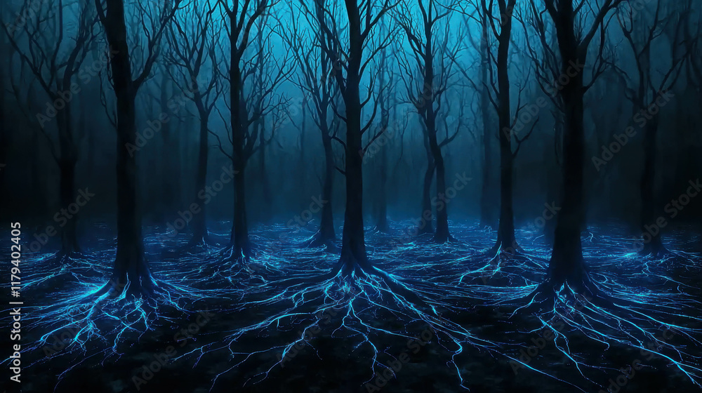 Poster dark twisted forest with obsidian-like trees and enigmatic glow beneath roots