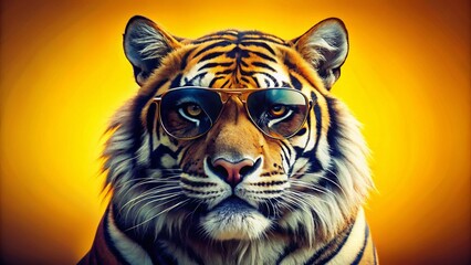 Cool Cat: Night Photography of a Tiger in Sunglasses on Yellow