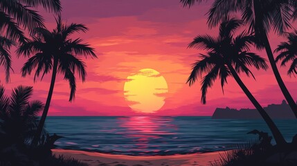 A dreamy sunset over the ocean with silhouettes of palm trees swaying in the gentle breeze