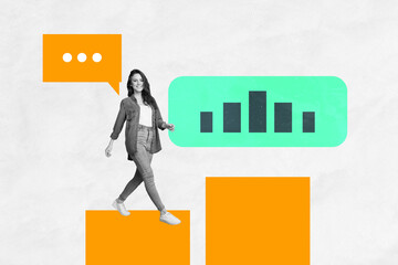 Creative sketch collage of happy businesswoman walk promotion chart development career statistics...