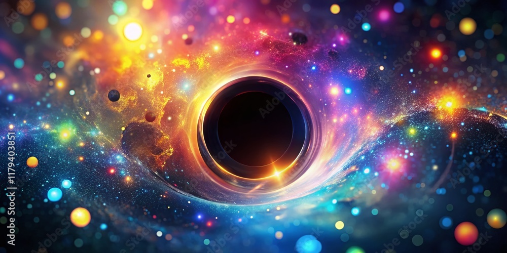 Poster cosmic bokeh: abstract black hole with glowing nebula and starry background