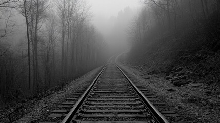 Obraz premium Misty Railroad Tracks Vanishing into the Foggy Forest