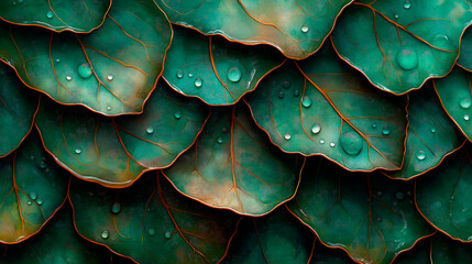 Fototapeta premium A magnified leaf texture, detailed veins and gradients in shades of green, dewdrops glistening.