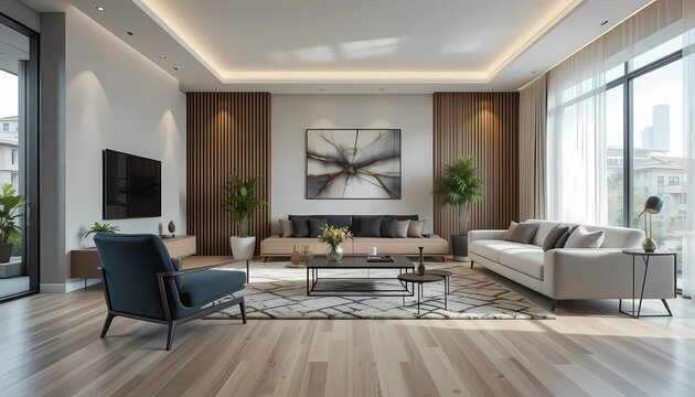 Minimalist Modern Living Room With LVP Flooring Captured in Stunning Realism

