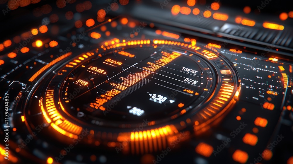 Poster abstract futuristic technology interface: digital hud display with orange and black design. cyberpun
