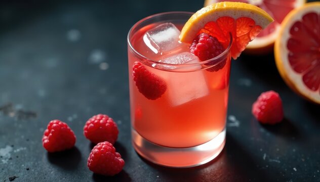 Close-up of grapefruit and raspberry in a glass of gin tonic on dark surface, gin tonic, close-up