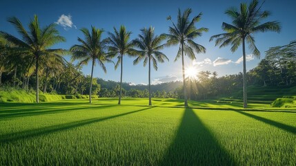 Lush Green Rice Field with Palm Trees and Sunrise in Bali