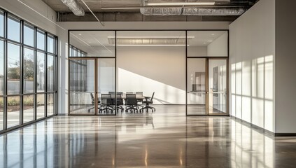 A large open room with a glass door leading to a conference room