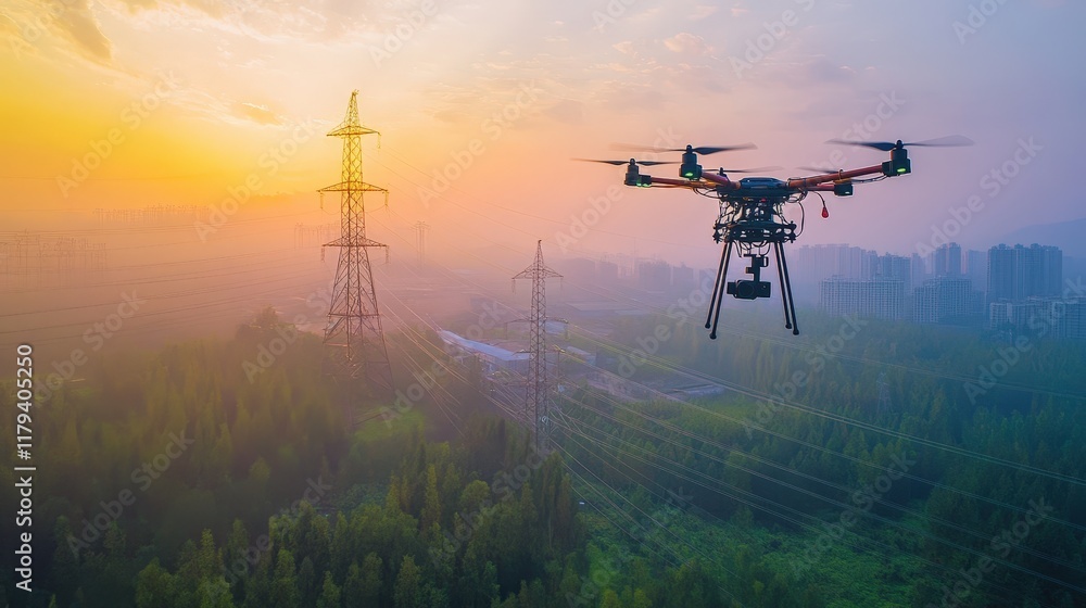 Poster drone inspecting high-voltage transmission lines with a focus on advanced technology and efficiency