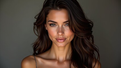 Naklejka premium A captivating portrait of a young woman with luscious dark brown locks, direct gaze, and subtle smile, set against a neutral gray backdrop bathed in soft, flattering light