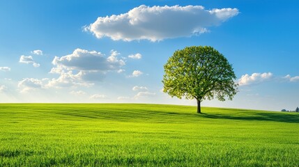 Serene Landscape: Lone Tree in Verdant Field Under a Blue Sky
