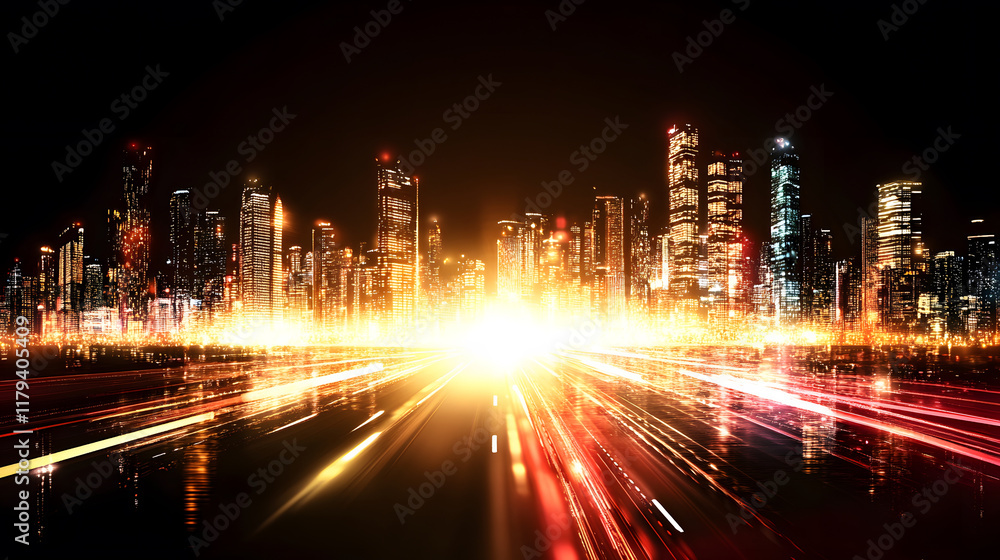 Poster a vibrant city skyline illuminated by bright lights, creating an energetic and dynamic atmosphere ag