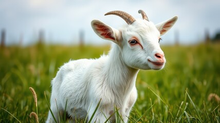 Fototapeta premium Young goat standing in a green field during a sunny day with clouds in the background