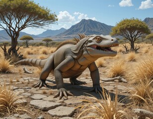 Prehistoric lizard in savanna landscape