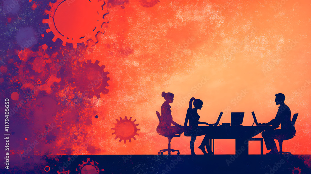 Poster a vibrant silhouette illustration of three people working at a table, set against a colorful backgro