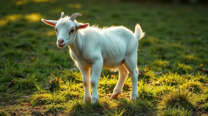 Obraz premium Young goat stands in a sunlit grassy field during the early morning hours