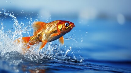 Vibrant Goldfish Leaping Above Water Surface with Splashes