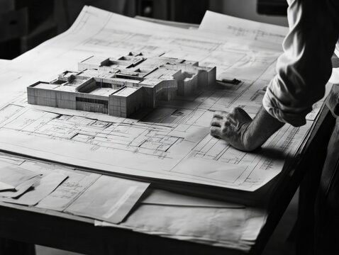 Architectural model review process design studio photography indoor workspace close-up creative planning