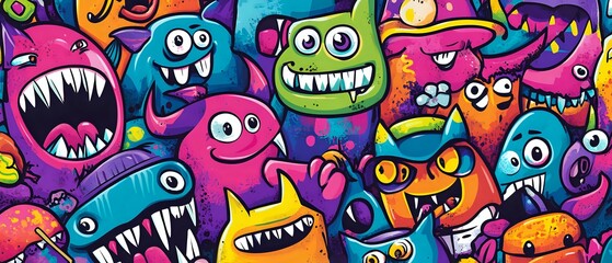 Fototapeta premium Vibrant Colorful Monsters: A Whimsical, Playful, and Imaginative Graffiti Art Creation Featuring Groovy Cartoon Characters.