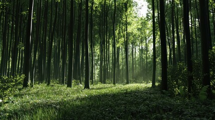 Fototapeta premium Sunlit Forest Path: A Tranquil Woodland Scene