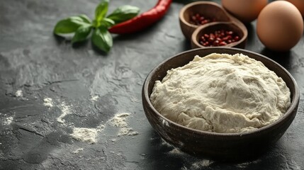 Fresh Ingredients for Homemade Dough Preparation on Dark Surface