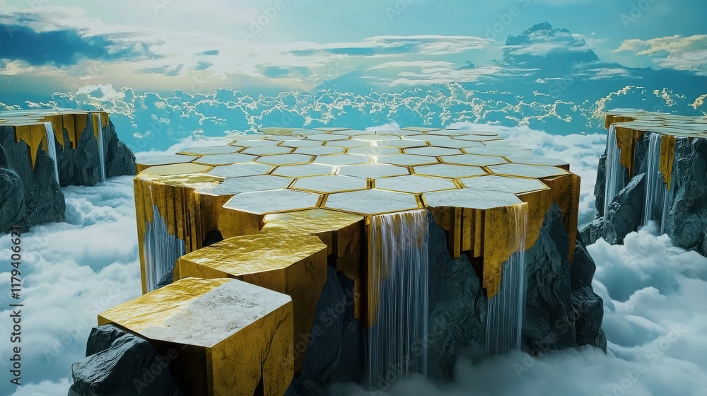 Poster floating island of geometric shapes with golden and marble features in clouds