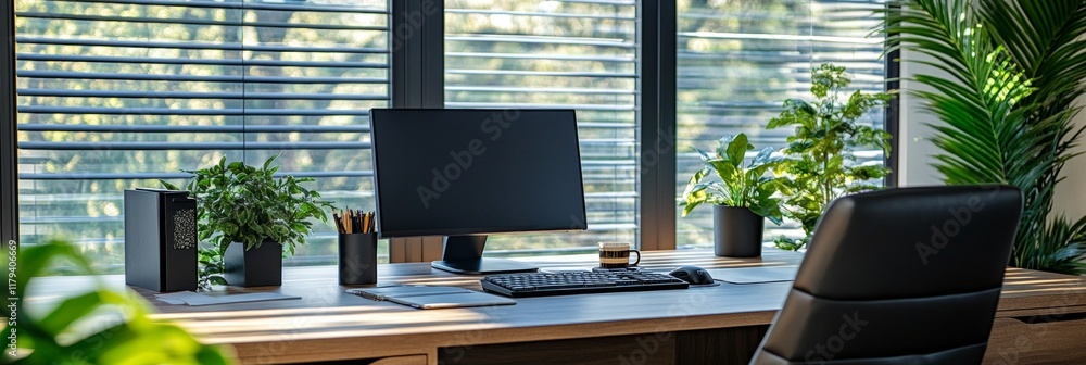 Poster a computer desk with a monitor, keyboard, and mouse