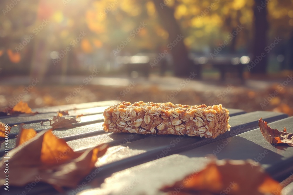 Poster a glowing granola bar on a picnic table surrounded by autumn leaves with sunlight filtering through 