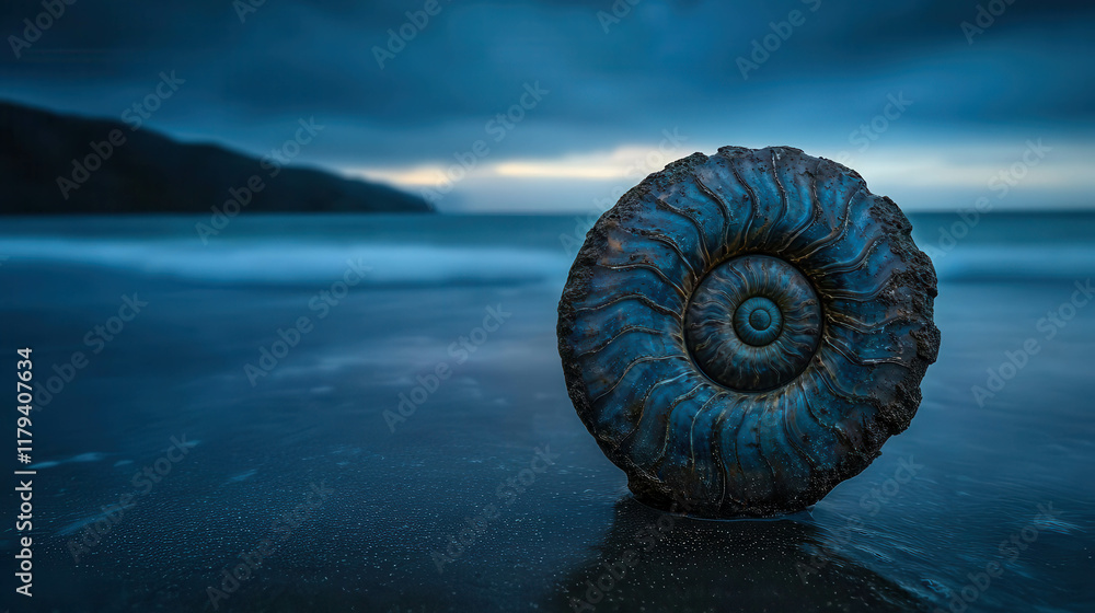 Poster fossilized ammonite shell found on quiet beach at twilight with ocean waves