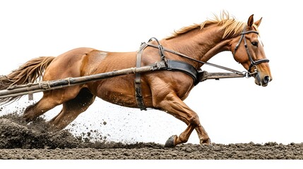 Obraz premium A strong horse pulling a plow in a field, showcasing the beauty of rural life, with earthy tones and a sense of purpose.