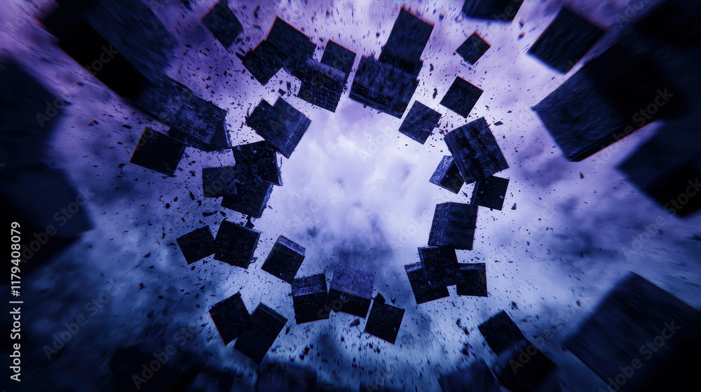 Poster futuristic cityscape in dramatic collapse into itself with dynamic elements