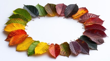 Obraz premium Colorful Autumn Leaves Arranged in a Circular Pattern on White Background